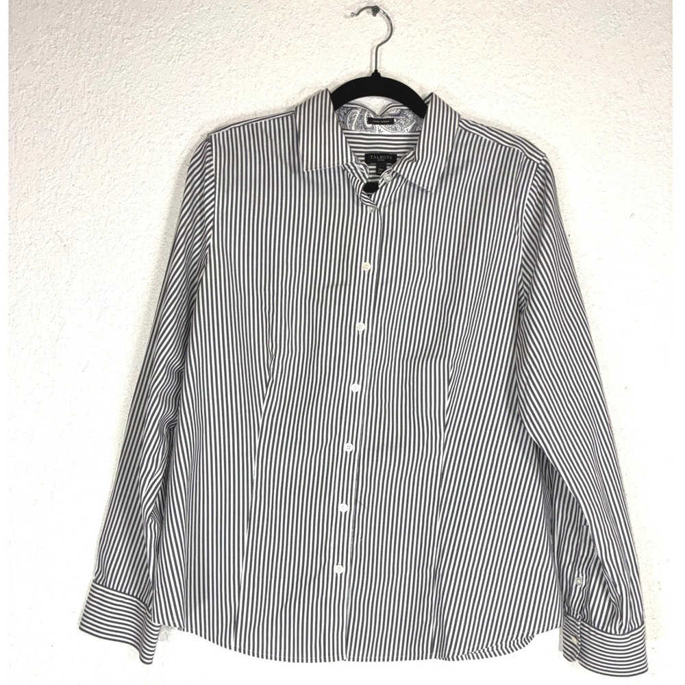 Talbots Womens 14P Navy White Striped Button Down Shirt Long Sleeve Shirt